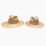 Two sizes of Explorer Fine Palm Hat Toasted Flat Brim on white background