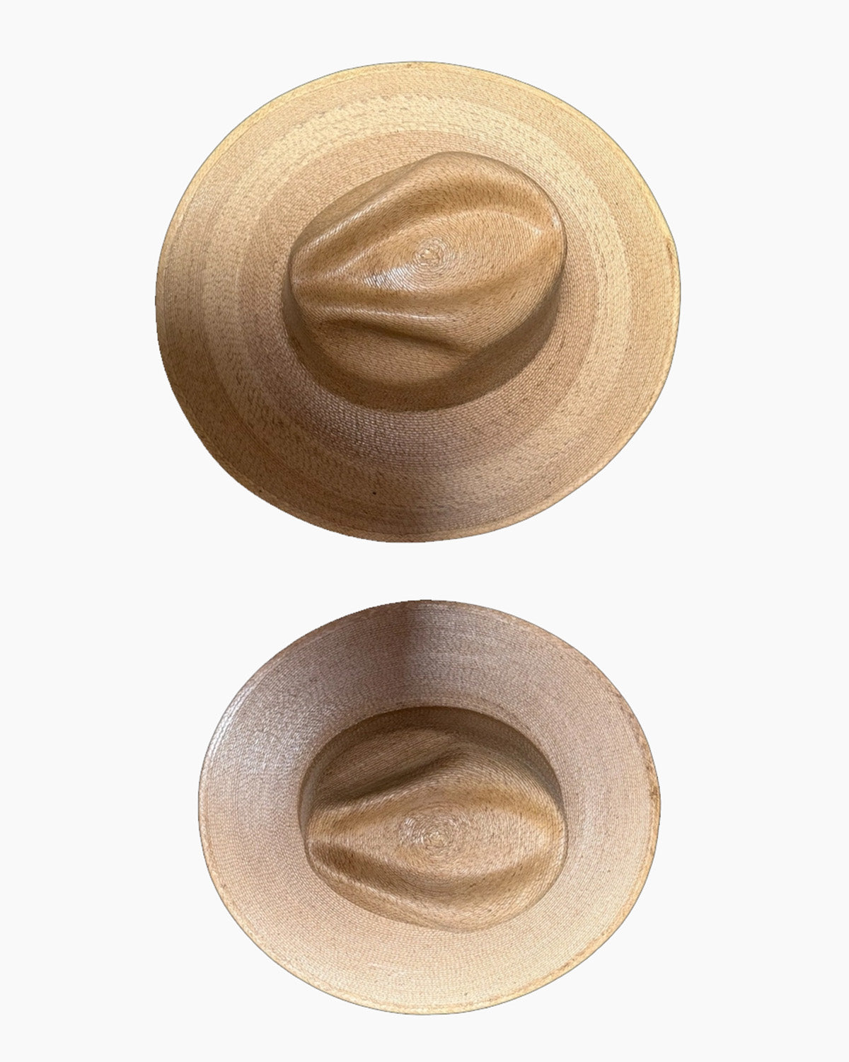 Two sizes overhead of Explorer Fine Palm Hat Toasted Flat Brim on white background