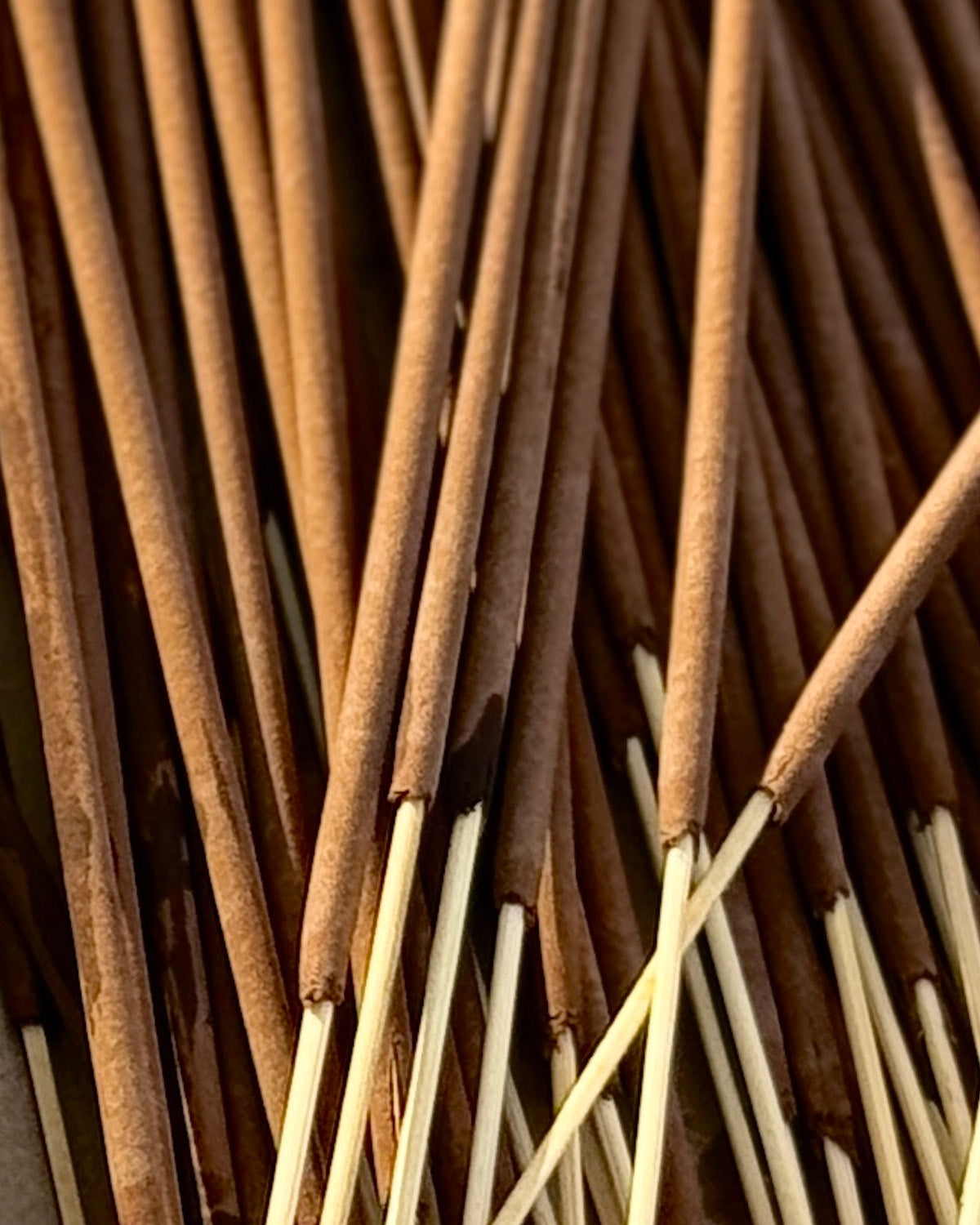 Close-up of incense sticks with a focus on texture and color