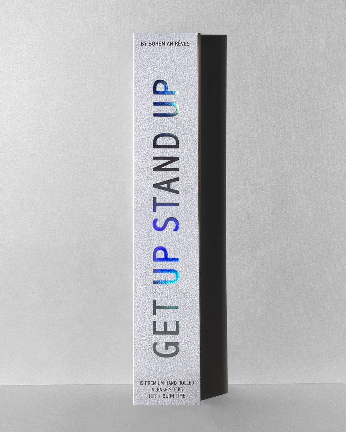 Packaging of 'Get Up Stand Up' incense sticks by Bohemean Reve on a gray background