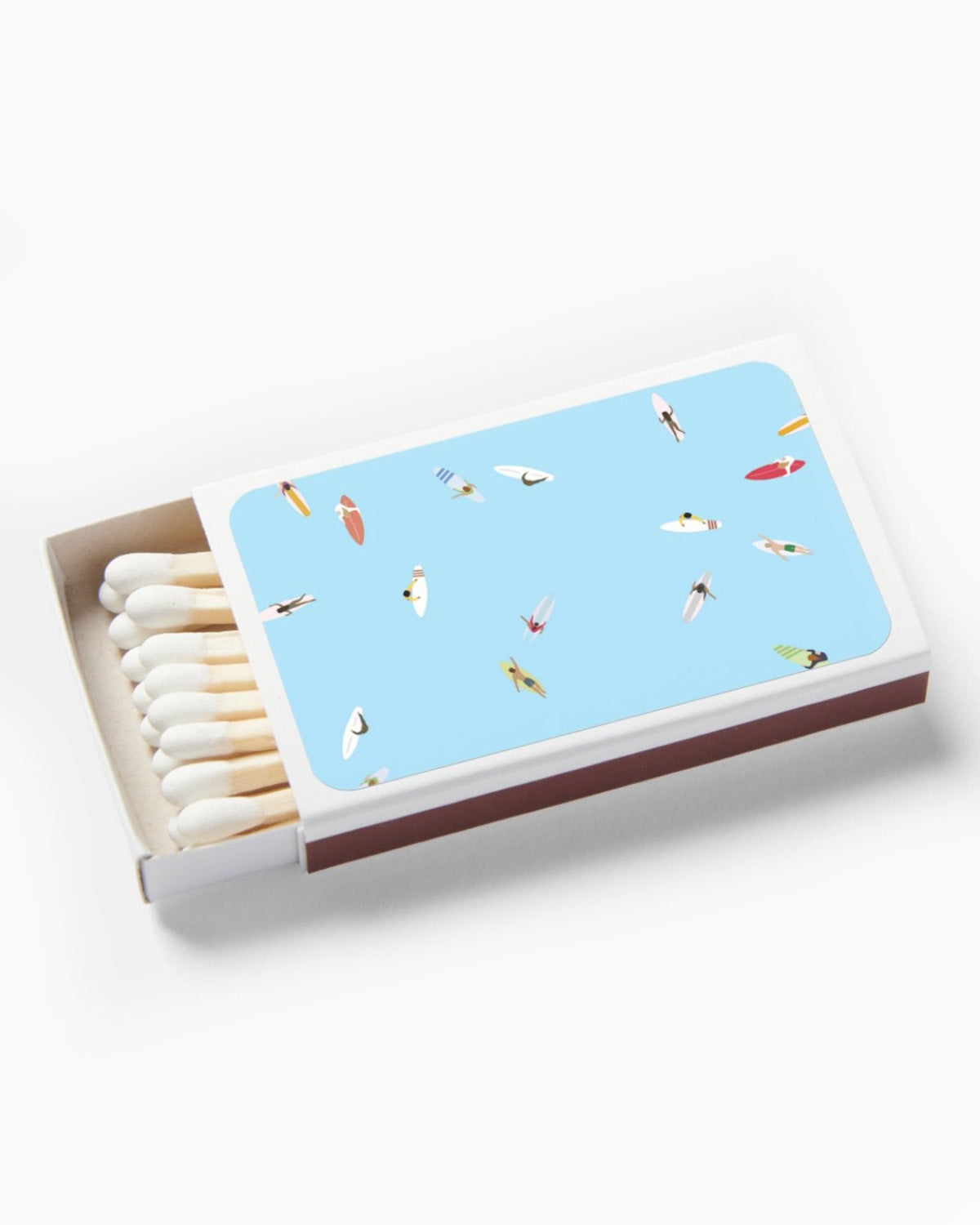 Matchbox with a blue cover featuring illustrations of people in swimsuits on a white background
