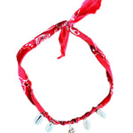 Red bandana necklace with shell charms