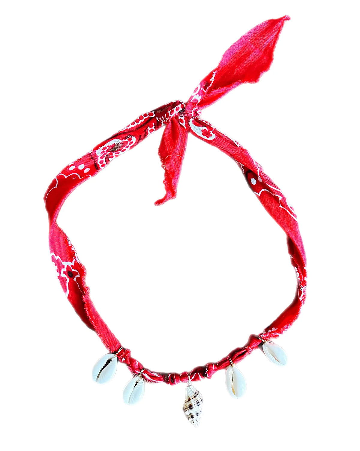Red bandana necklace with shell charms