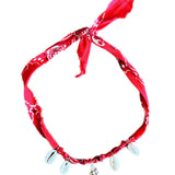 Red bandana necklace with shell charms