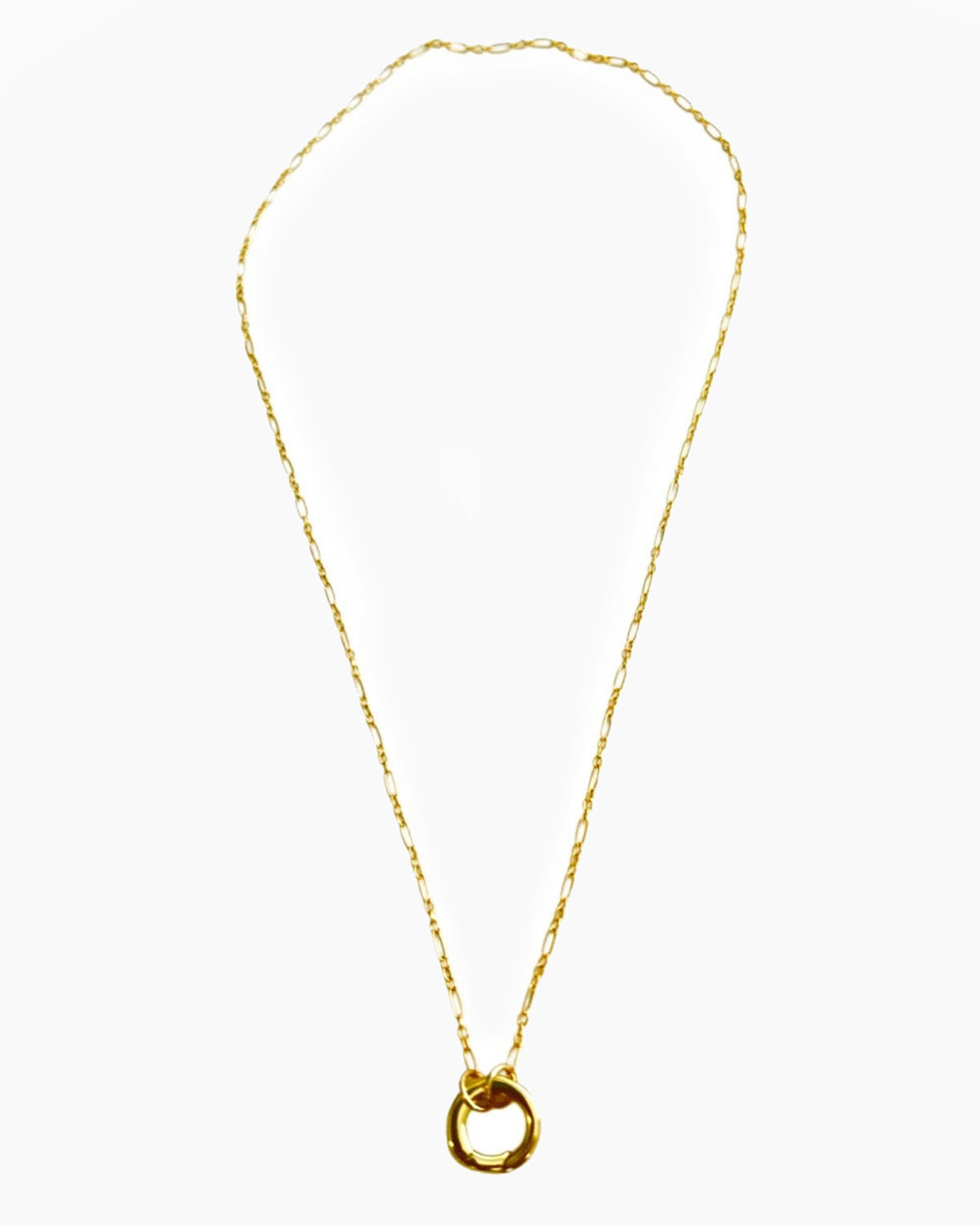 Gold necklace with a small circular pendant on a white background