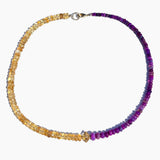 Necklace with alternating yellow and purple beads on a white background