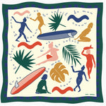 Decorative scarf with artistic illustrations of people, surfboards, and plants on a white background
