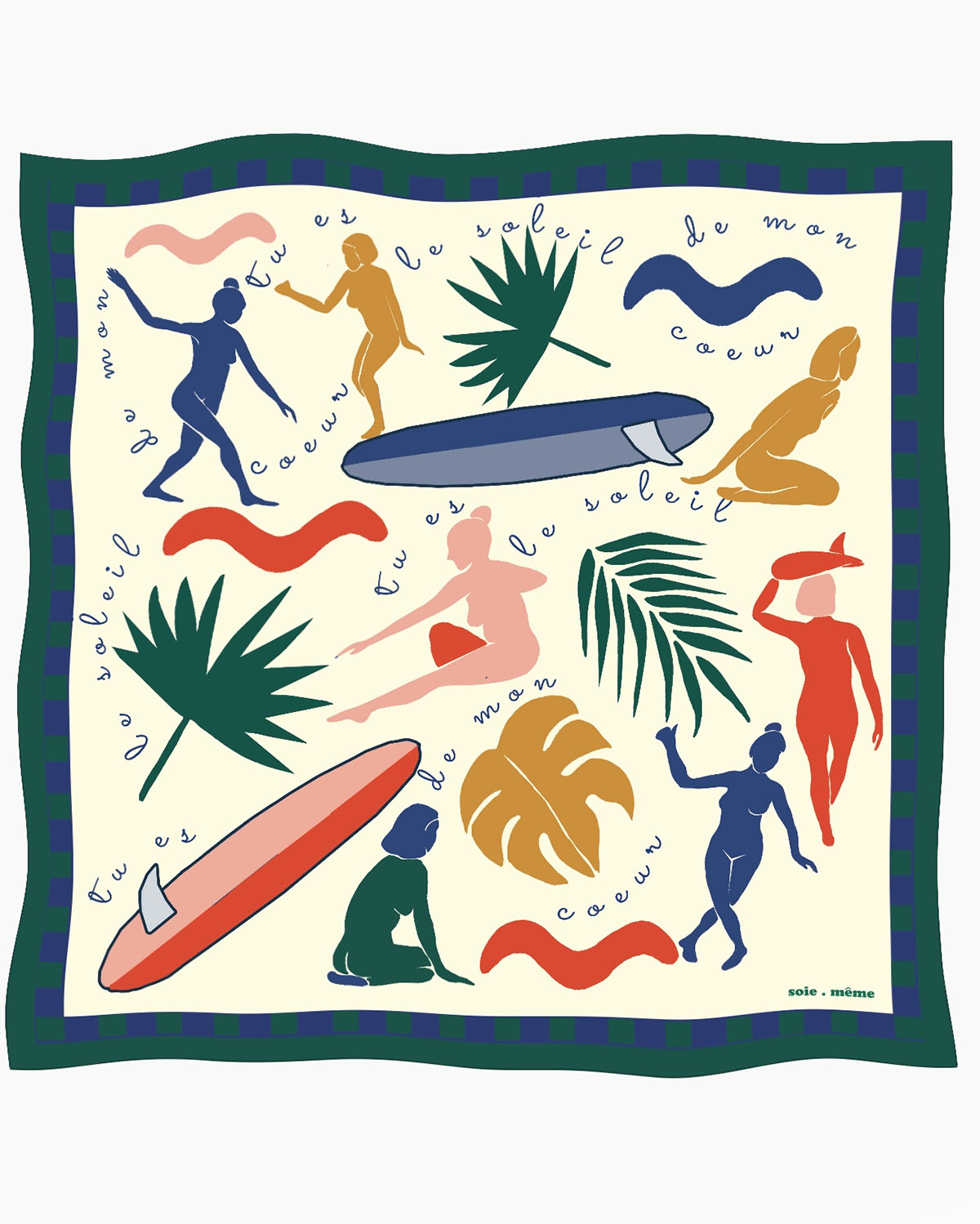 Decorative scarf with artistic illustrations of people, surfboards, and plants on a white background