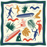 Decorative scarf with artistic illustrations of people, surfboards, and plants on a white background