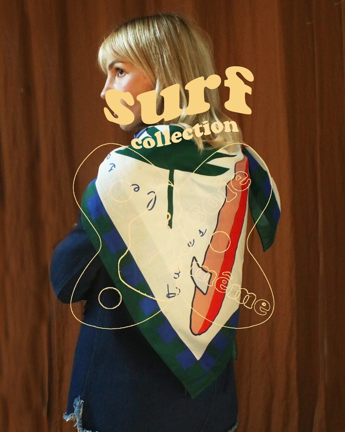 Person wearing a colorful scarf with 'surf collection' text overlay