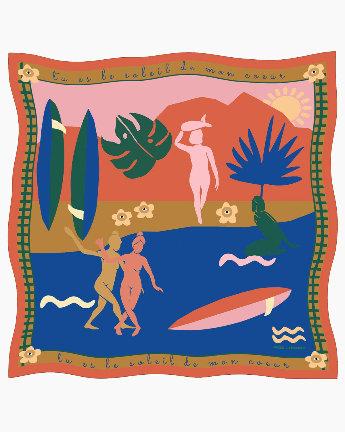 Decorative pillow with artistic design of people, surfboards, and nature elements on a white background