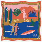 Decorative pillow with artistic design of people, surfboards, and nature elements on a white background