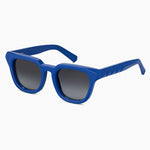 Blue sunglasses with dark lenses on a white background