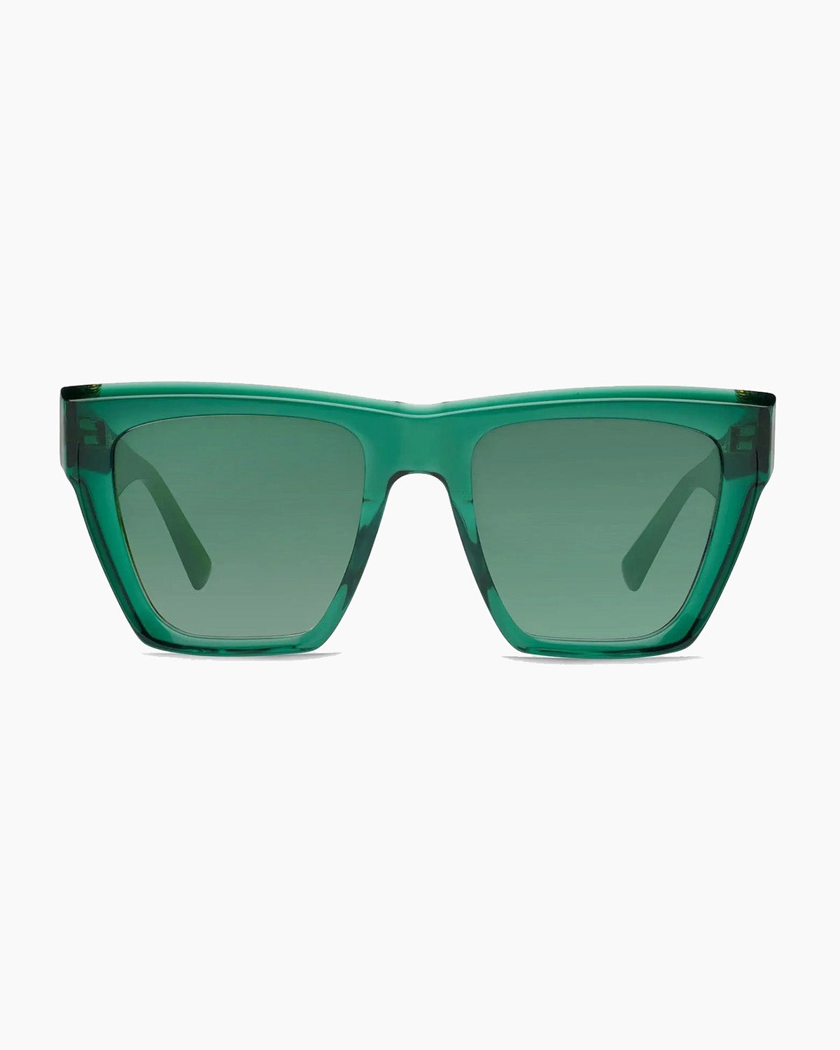 Green sunglasses with a transparent frame on a white background