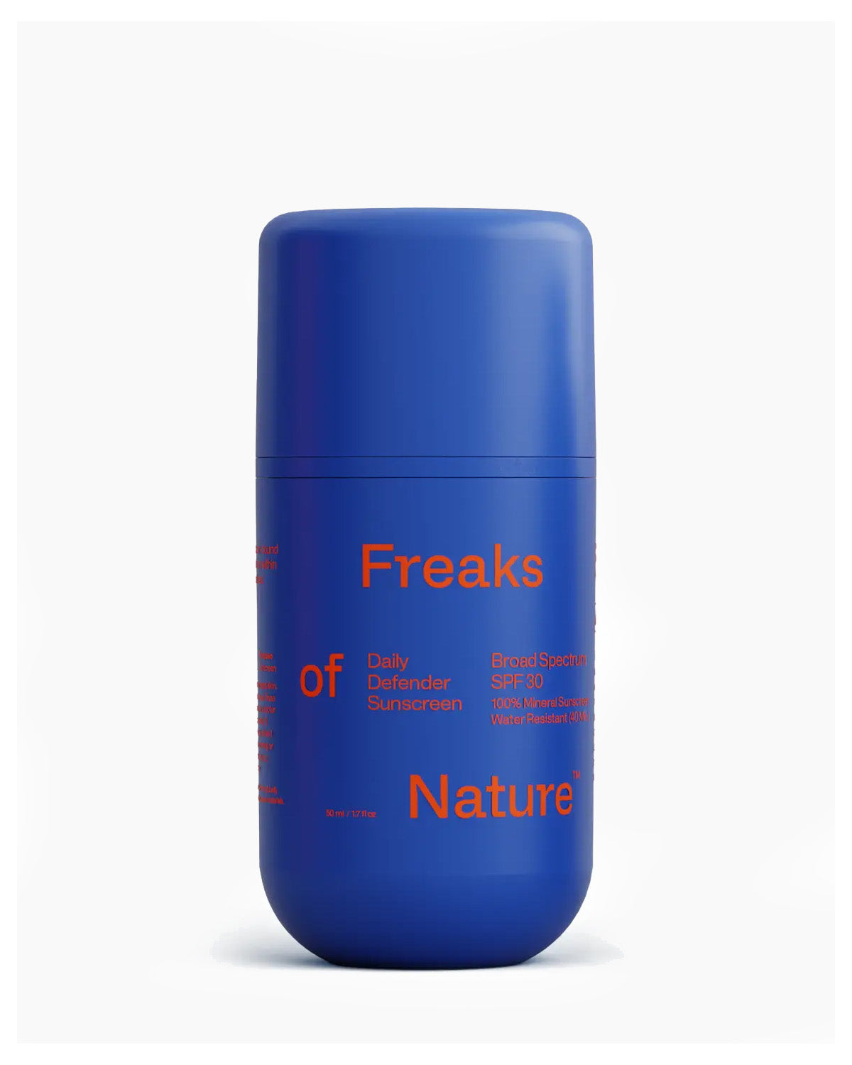 Blue cylindrical container with red text on a white background