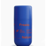 Blue cylindrical container with red text on a white background